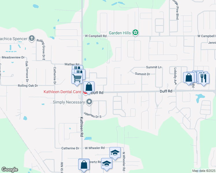 map of restaurants, bars, coffee shops, grocery stores, and more near 3627 Duff Road in Lakeland