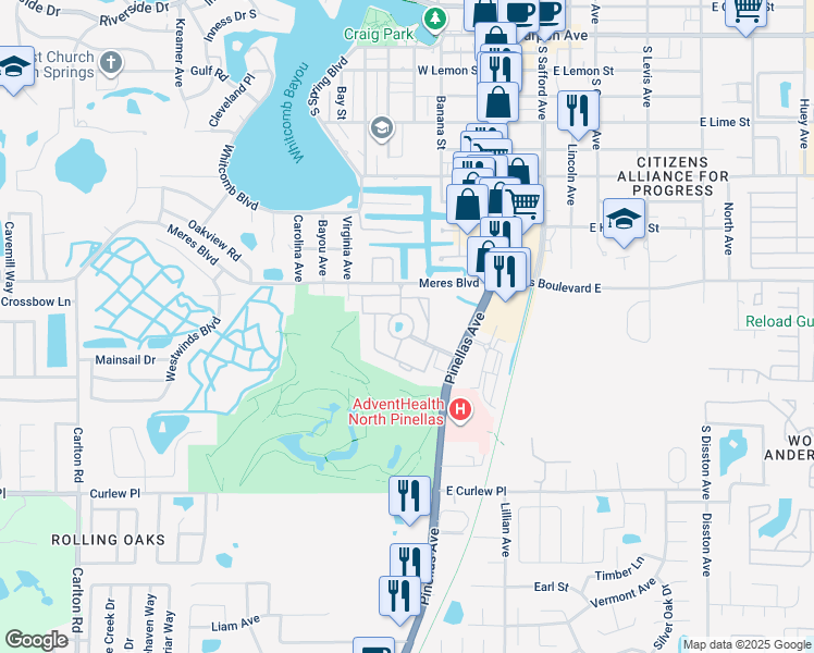 map of restaurants, bars, coffee shops, grocery stores, and more near 1250 South Pinellas Avenue in Tarpon Springs