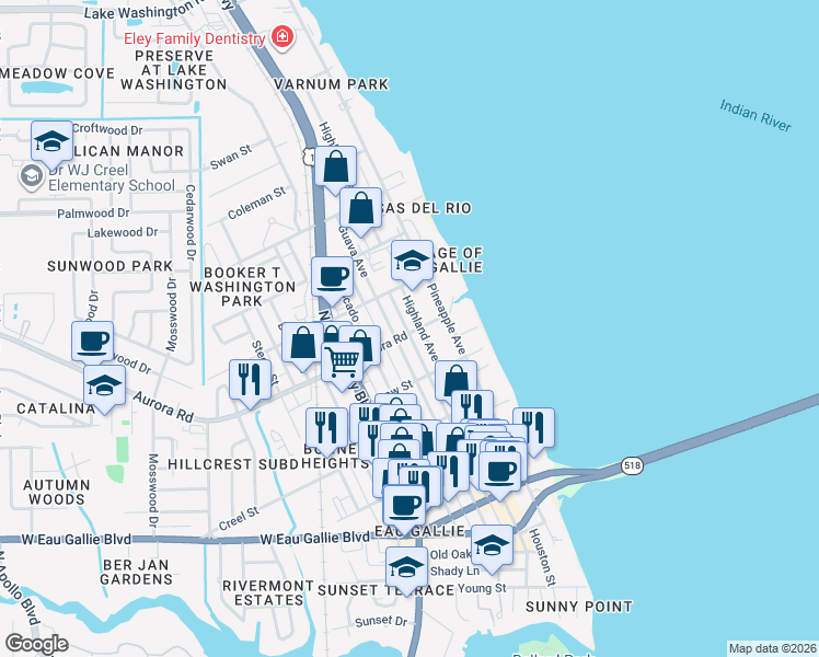 map of restaurants, bars, coffee shops, grocery stores, and more near 736 Aurora Road in Melbourne