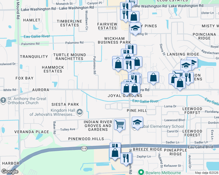 map of restaurants, bars, coffee shops, grocery stores, and more near 3199 Aurora Road in Melbourne