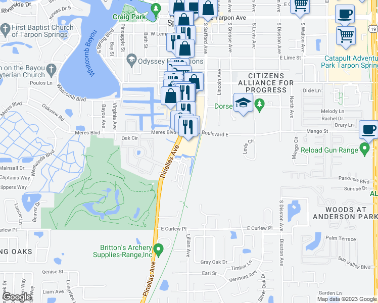 map of restaurants, bars, coffee shops, grocery stores, and more near 1171 South Pinellas Avenue in Tarpon Springs