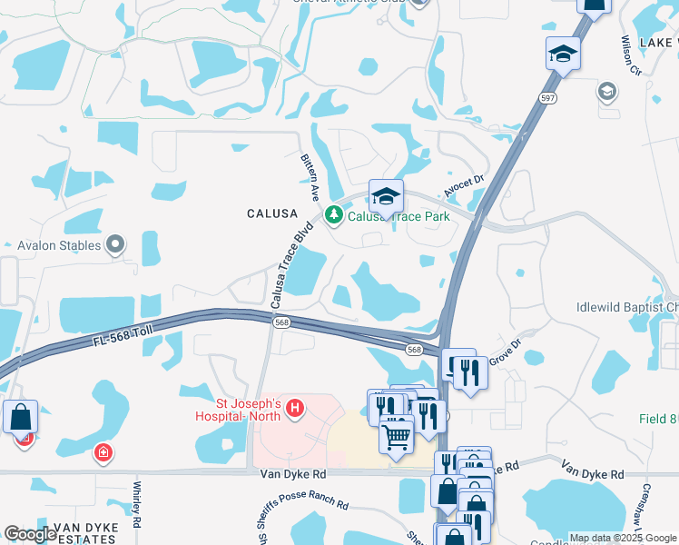 map of restaurants, bars, coffee shops, grocery stores, and more near 18107 Peregrines Perch Place in Lutz