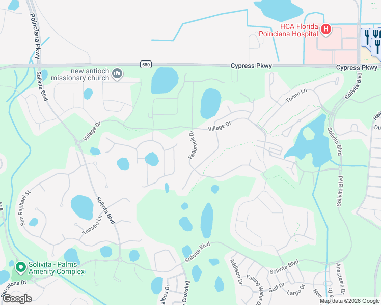 map of restaurants, bars, coffee shops, grocery stores, and more near 2531 Palm Tree Drive in Kissimmee