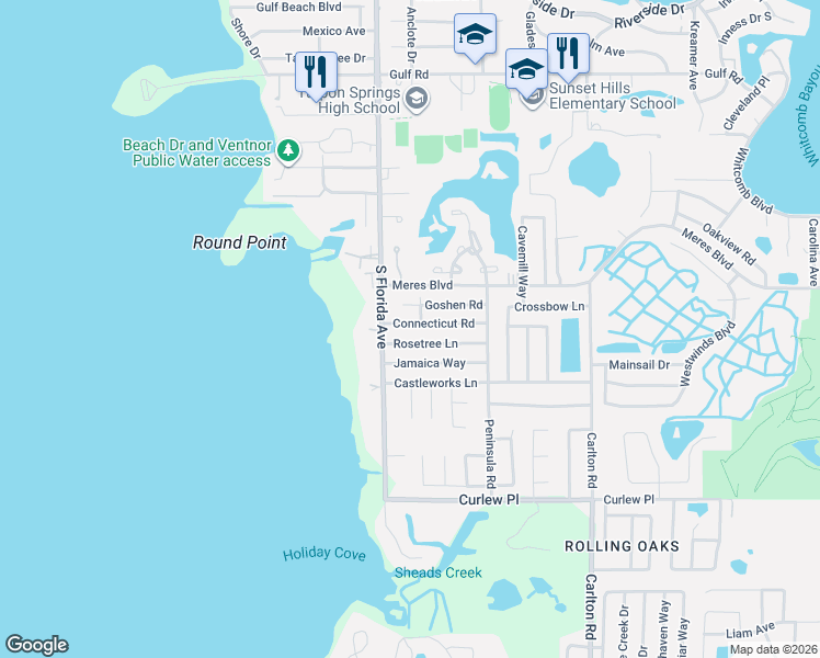 map of restaurants, bars, coffee shops, grocery stores, and more near 1040 Rosetree Lane in Tarpon Springs