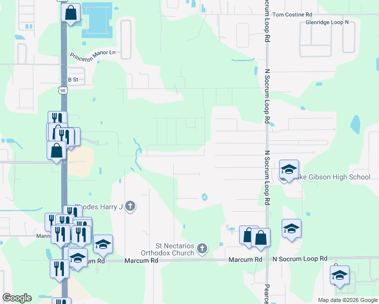map of restaurants, bars, coffee shops, grocery stores, and more near 406 Fox Lake Drive in Lakeland