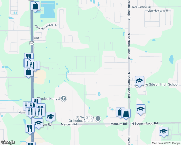 map of restaurants, bars, coffee shops, grocery stores, and more near 406 Fox Lake Drive in Lakeland