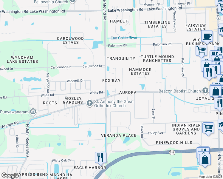 map of restaurants, bars, coffee shops, grocery stores, and more near 3787 County Road 511 in Melbourne