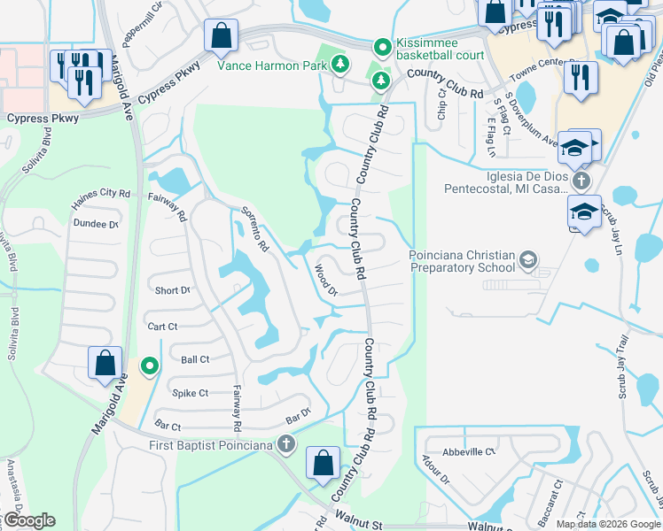 map of restaurants, bars, coffee shops, grocery stores, and more near 630 Wood Drive in Kissimmee