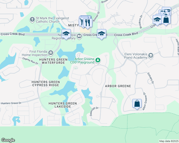 map of restaurants, bars, coffee shops, grocery stores, and more near Arbor Run Drive in Tampa