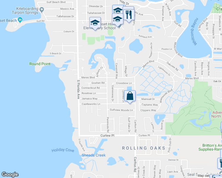 map of restaurants, bars, coffee shops, grocery stores, and more near 902 Gainesway Drive in Tarpon Springs