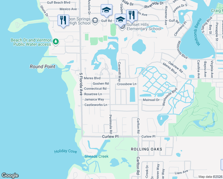 map of restaurants, bars, coffee shops, grocery stores, and more near 1004 Rosetree Lane in Tarpon Springs