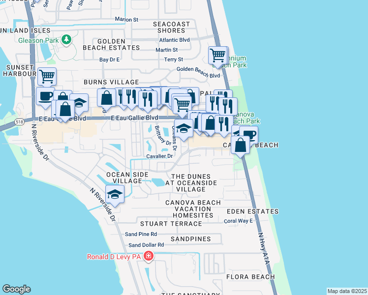 map of restaurants, bars, coffee shops, grocery stores, and more near 3418 Cutty Sark Way in Indialantic