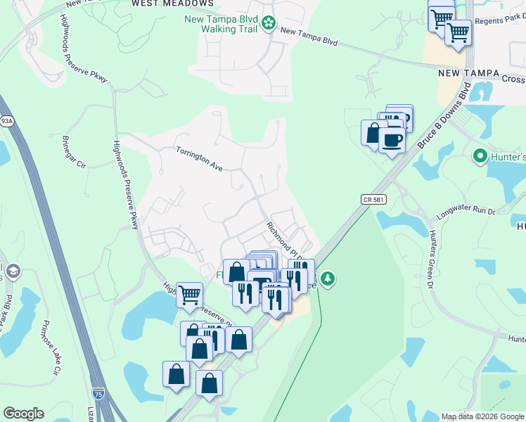 map of restaurants, bars, coffee shops, grocery stores, and more near 18101 Richmond Place Drive in Tampa