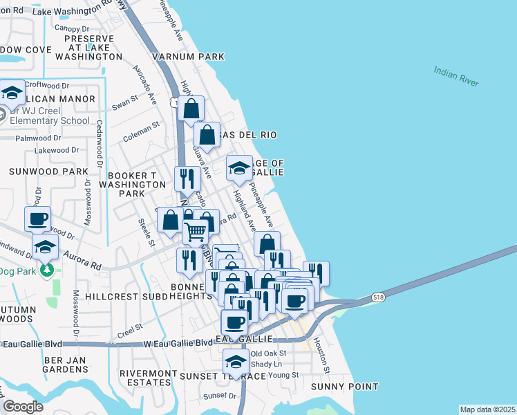 map of restaurants, bars, coffee shops, grocery stores, and more near 1800 Pineapple Avenue in Melbourne