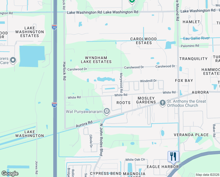 map of restaurants, bars, coffee shops, grocery stores, and more near 4375 Twin Lakes Drive in Melbourne