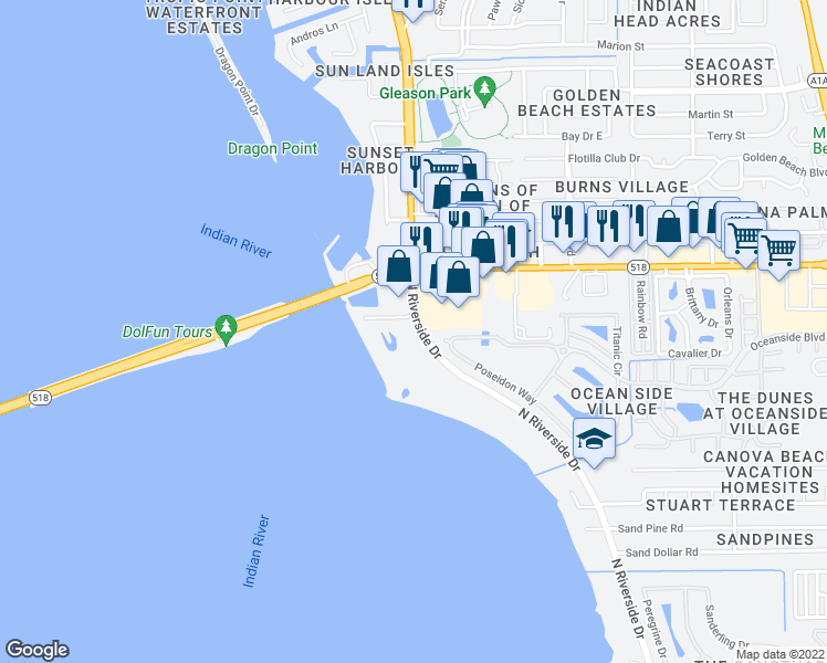map of restaurants, bars, coffee shops, grocery stores, and more near 4000 North Riverside Drive in Melbourne