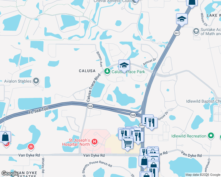 map of restaurants, bars, coffee shops, grocery stores, and more near 18107 Peregrines Perch Place in Lutz