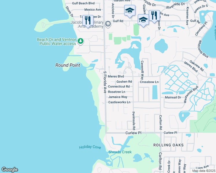 map of restaurants, bars, coffee shops, grocery stores, and more near 1140 Connecticut Road in Tarpon Springs