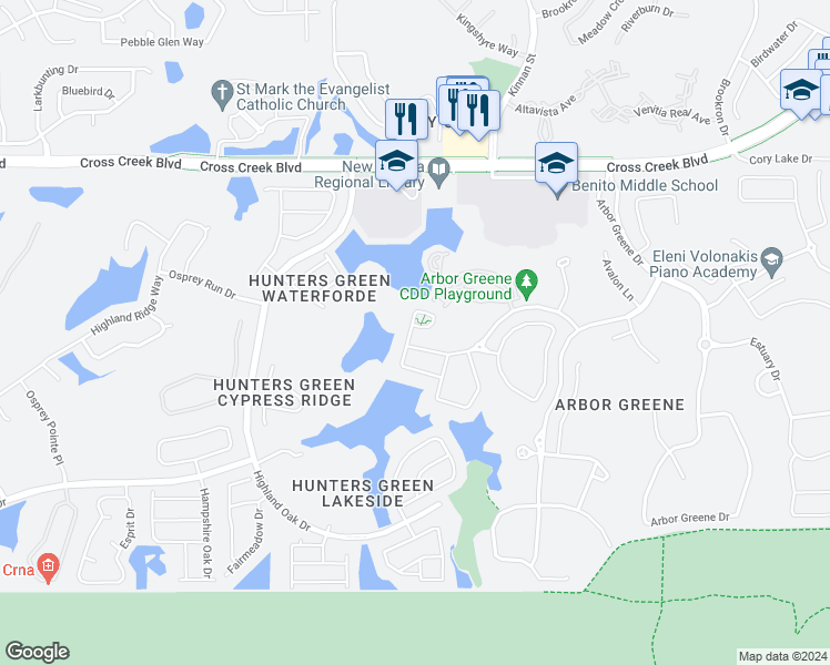 map of restaurants, bars, coffee shops, grocery stores, and more near 18080 Arbor Crest Drive in Tampa