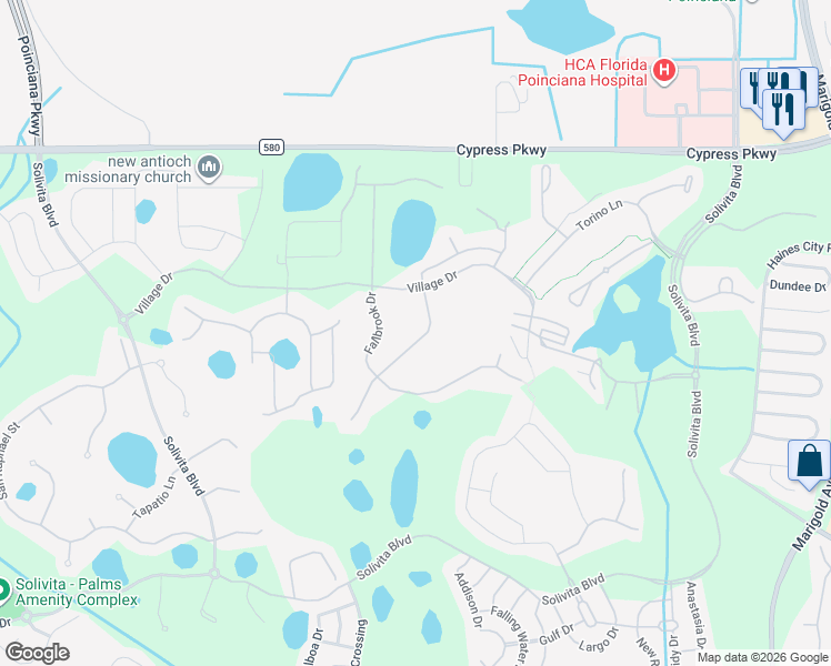 map of restaurants, bars, coffee shops, grocery stores, and more near 2357 Palm Tree Drive in Kissimmee