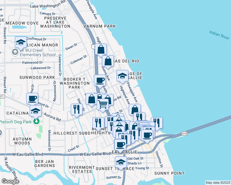 map of restaurants, bars, coffee shops, grocery stores, and more near 1848 Highland Avenue in Melbourne