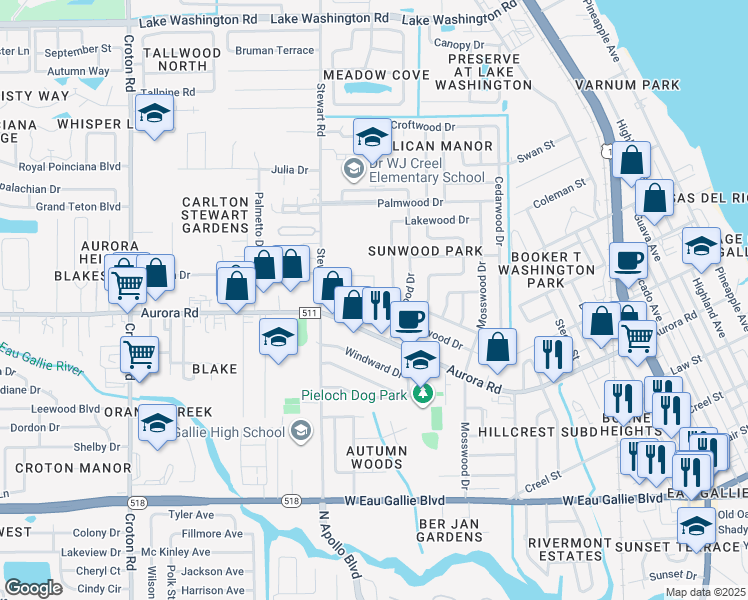 map of restaurants, bars, coffee shops, grocery stores, and more near 237 San Juan Circle in Melbourne
