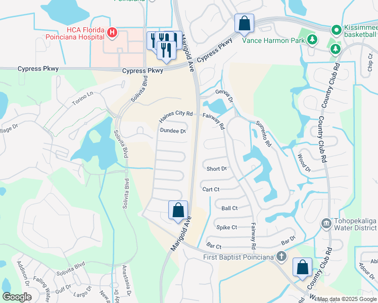 map of restaurants, bars, coffee shops, grocery stores, and more near 318 Clearwater Lane in Kissimmee