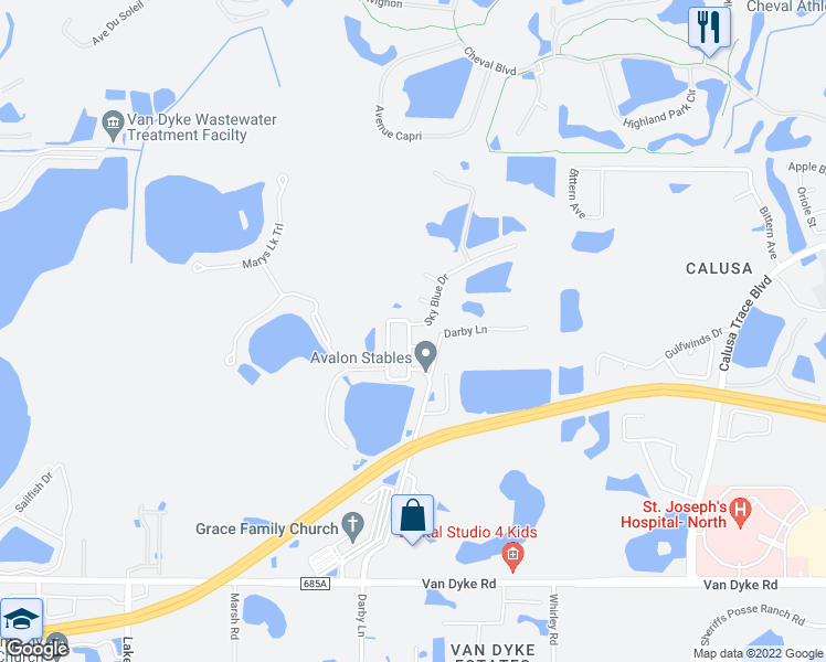 map of restaurants, bars, coffee shops, grocery stores, and more near 5018 Sky Blue Drive in Lutz