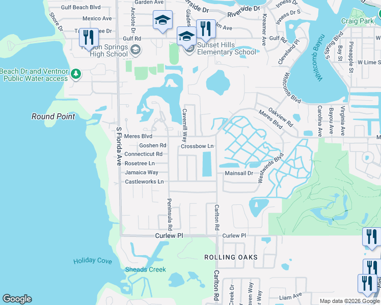 map of restaurants, bars, coffee shops, grocery stores, and more near 1302 Crossbow Lane in Tarpon Springs