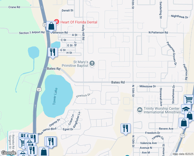 map of restaurants, bars, coffee shops, grocery stores, and more near 1010 Bates Road in Haines City