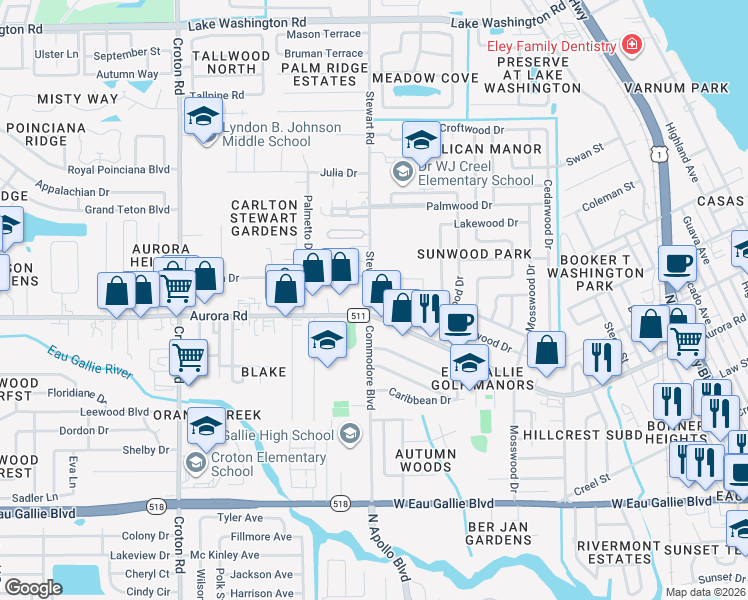 map of restaurants, bars, coffee shops, grocery stores, and more near 286 San Juan Circle in Melbourne