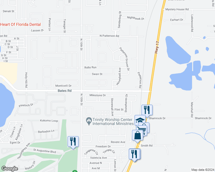 map of restaurants, bars, coffee shops, grocery stores, and more near 213 Tower View Drive East in Haines City