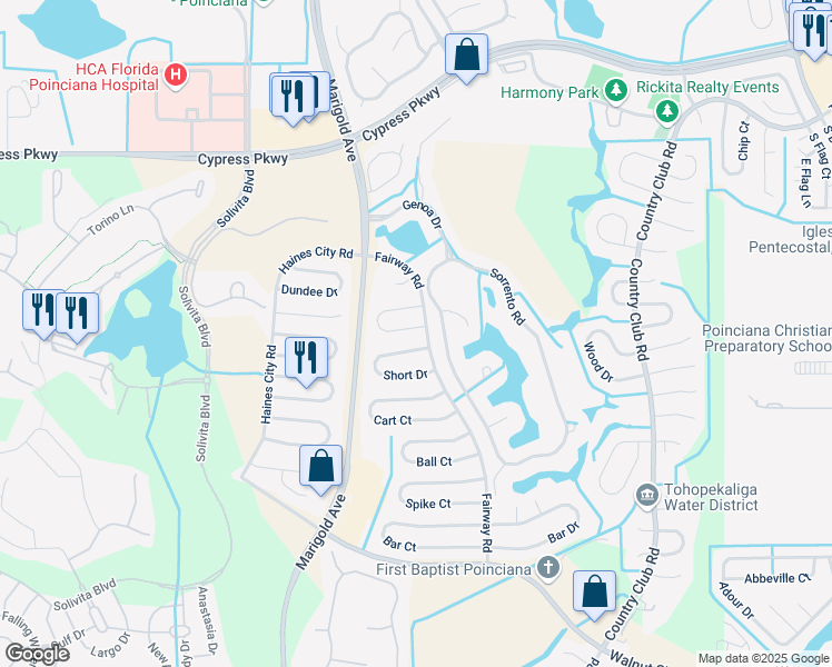 map of restaurants, bars, coffee shops, grocery stores, and more near 437 Long Drive in Kissimmee