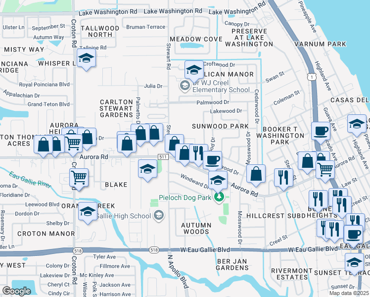 map of restaurants, bars, coffee shops, grocery stores, and more near 237 San Juan Circle in Melbourne