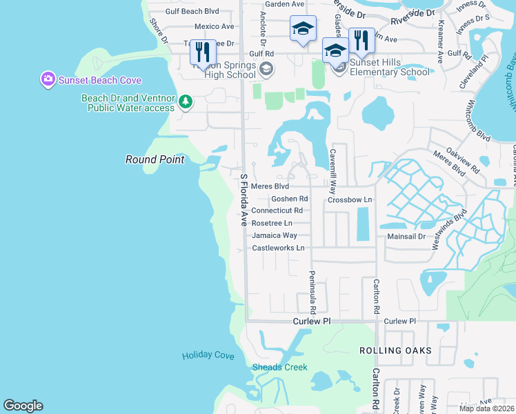 map of restaurants, bars, coffee shops, grocery stores, and more near 1108 Goshen Road in Tarpon Springs