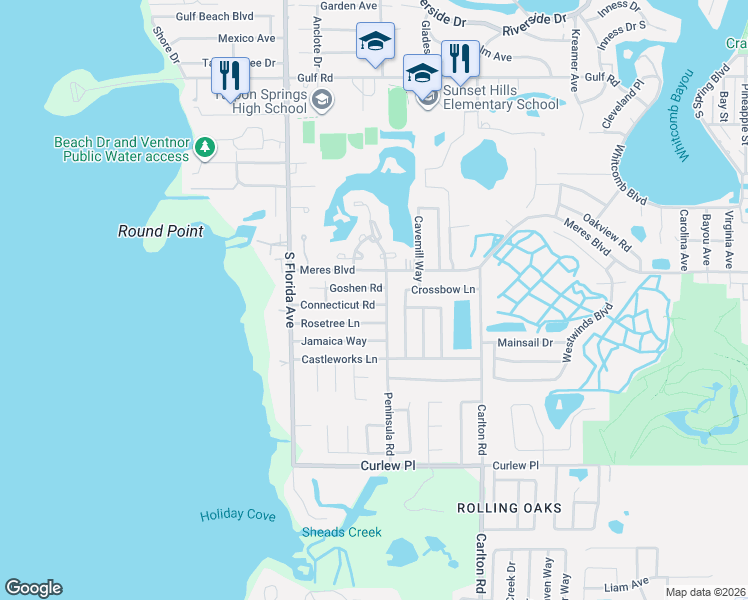 map of restaurants, bars, coffee shops, grocery stores, and more near 1003 Goshen Road in Tarpon Springs