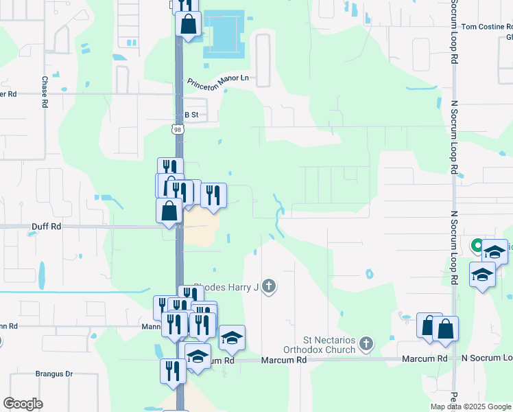 map of restaurants, bars, coffee shops, grocery stores, and more near 829 Fox Lake Drive in Lakeland
