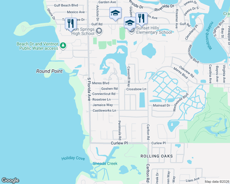 map of restaurants, bars, coffee shops, grocery stores, and more near 1003 Goshen Road in Tarpon Springs