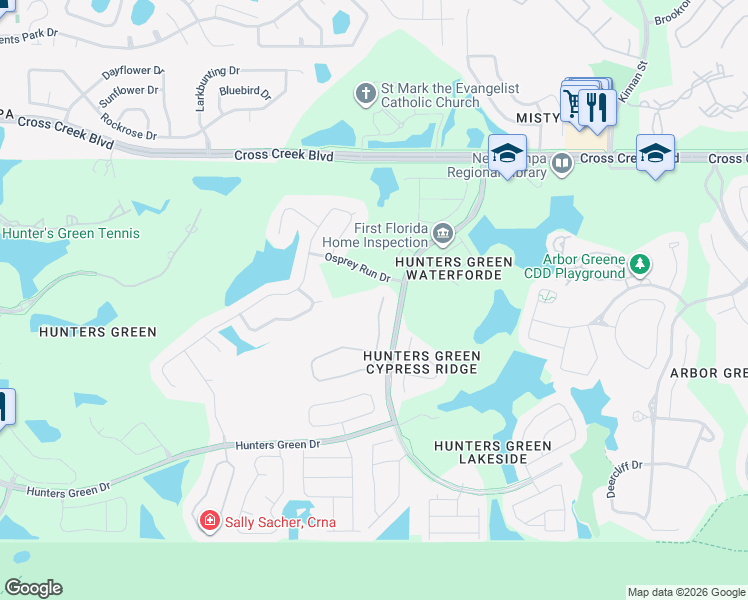map of restaurants, bars, coffee shops, grocery stores, and more near 17822 Hickory Moss Place in Tampa