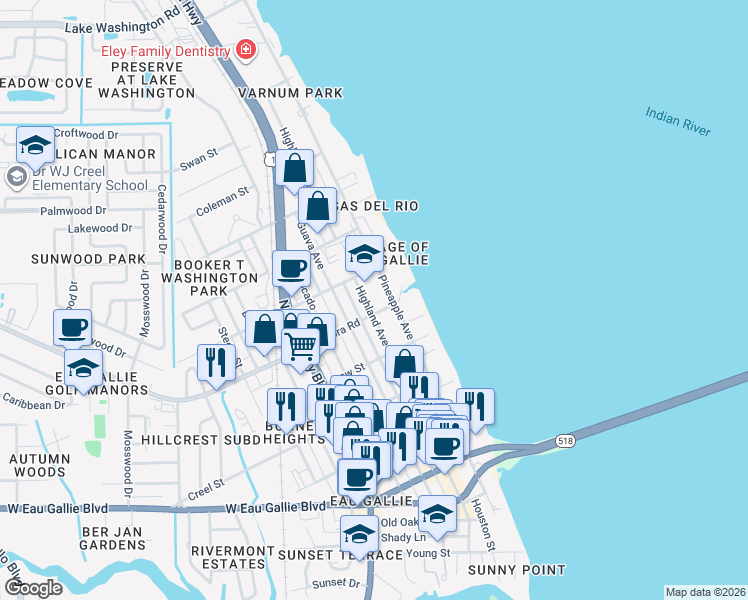 map of restaurants, bars, coffee shops, grocery stores, and more near 1850 Pineapple Avenue in Melbourne