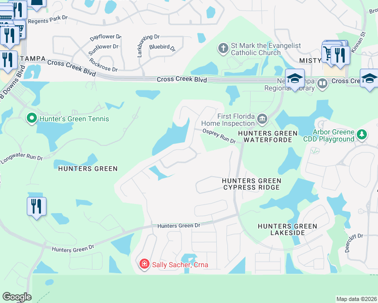 map of restaurants, bars, coffee shops, grocery stores, and more near 9160 Highland Ridge Way in Tampa