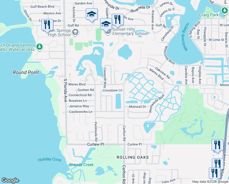 map of restaurants, bars, coffee shops, grocery stores, and more near 1302 Crossbow Lane in Tarpon Springs