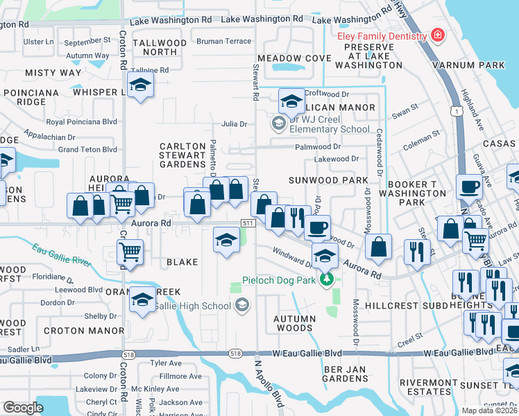 map of restaurants, bars, coffee shops, grocery stores, and more near 217 San Juan Circle in Melbourne