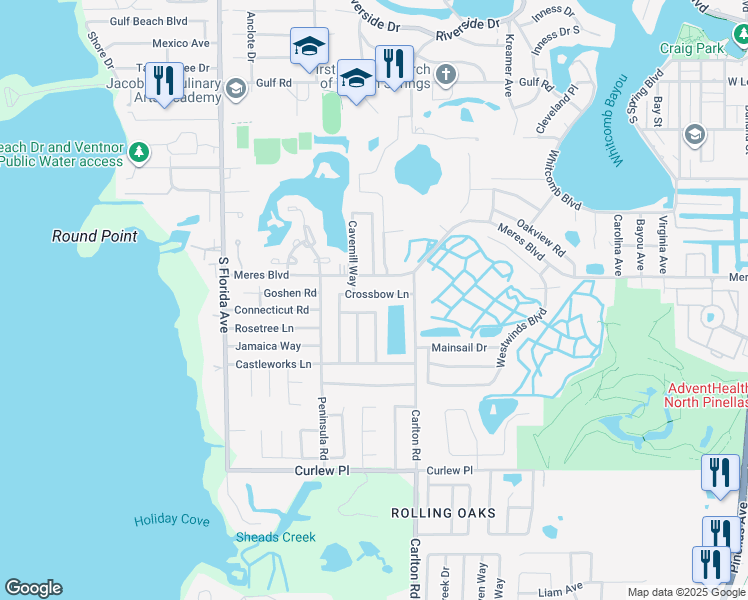 map of restaurants, bars, coffee shops, grocery stores, and more near 1303 Crossbow Lane in Tarpon Springs