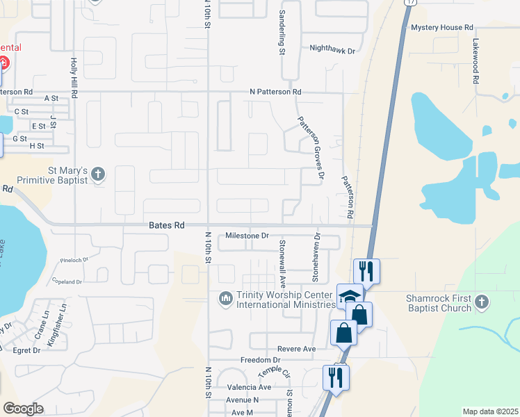 map of restaurants, bars, coffee shops, grocery stores, and more near 206 Tower View Drive East in Haines City