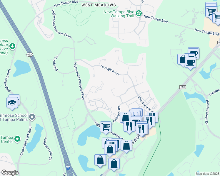 map of restaurants, bars, coffee shops, grocery stores, and more near 18134 Antietam Court in Tampa
