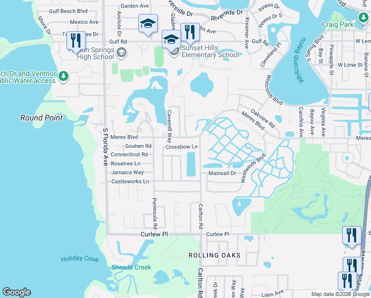 map of restaurants, bars, coffee shops, grocery stores, and more near 1302 Crossbow Lane in Tarpon Springs