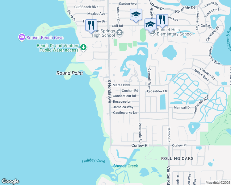 map of restaurants, bars, coffee shops, grocery stores, and more near 1108 Goshen Road in Tarpon Springs