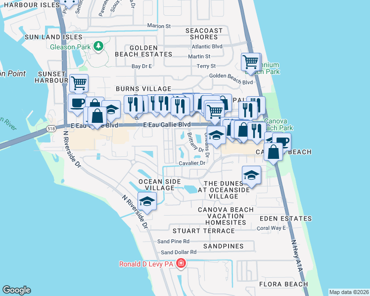 map of restaurants, bars, coffee shops, grocery stores, and more near 1899 Brittany Drive in Melbourne