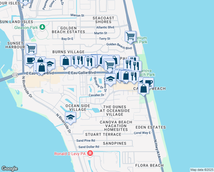 map of restaurants, bars, coffee shops, grocery stores, and more near 3378 Cutty Sark Way in Indialantic